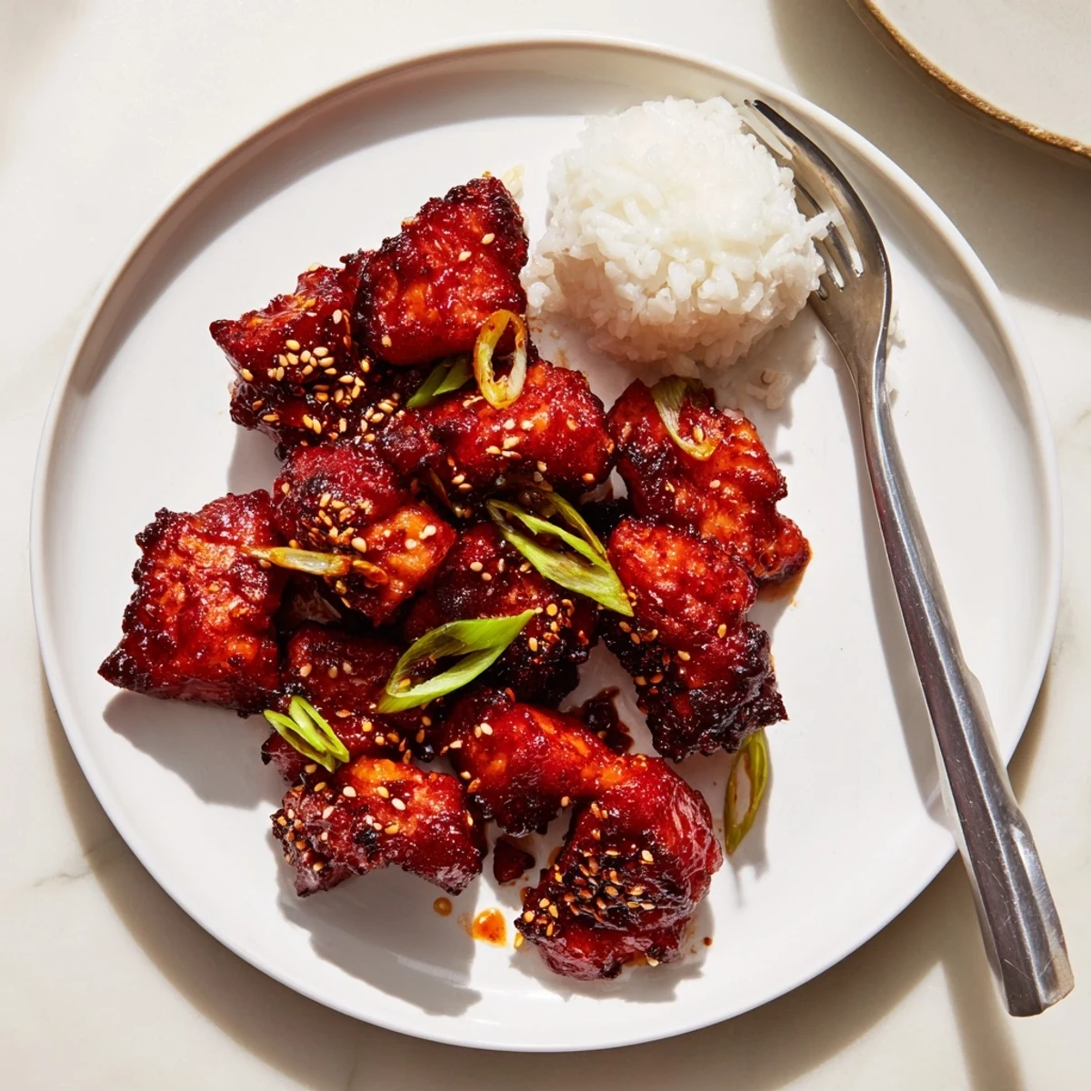 Caramelized gochujang chicken glistening with spicy red glaze on a white plate