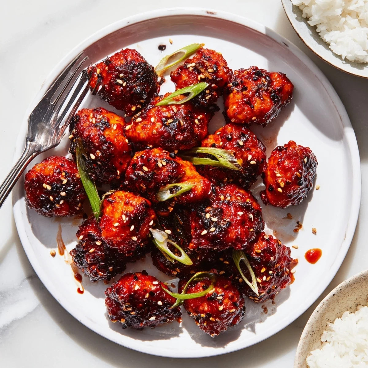 Gochujang chicken served over fluffy white rice with a glossy sticky sauce