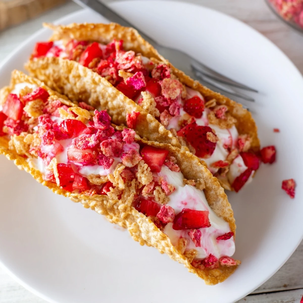 Crispy cinnamon-sugar taco shells filled with creamy strawberry crunch cheesecake tacos topped with diced berries