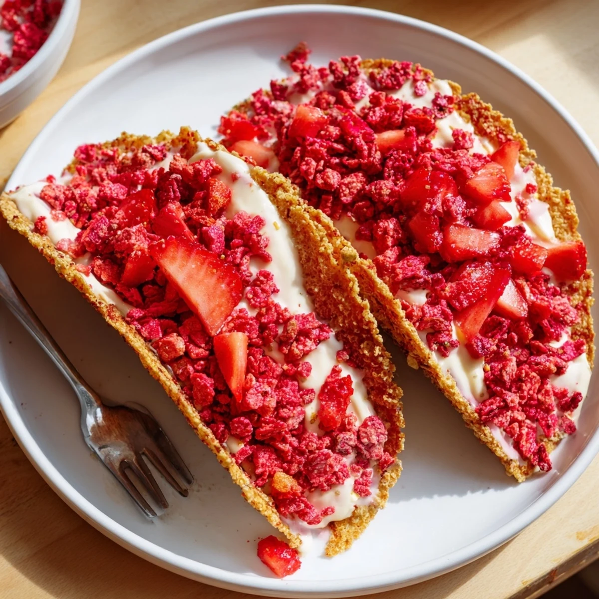 Golden baked tortilla shells stuffed with fluffy cheesecake mousse and bright strawberry crunch topping