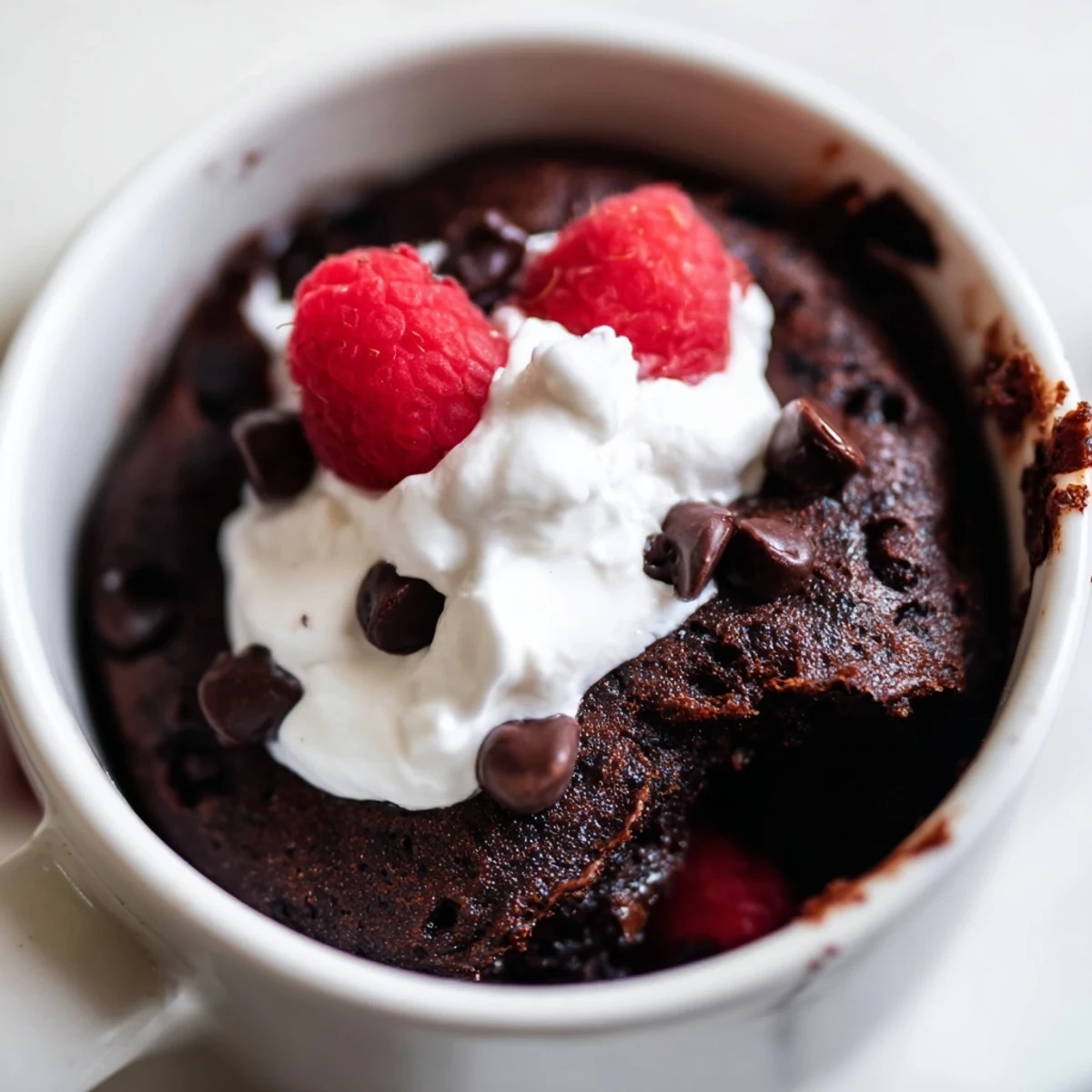 Warm gluten free chocolate mug cake topped with fluffy whipped cream and fresh berries