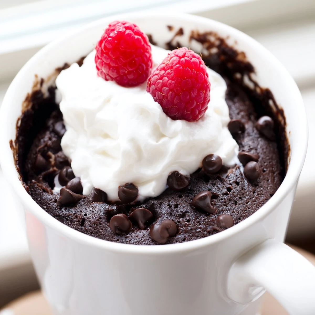 Rich gluten free chocolate mug cake in a white ceramic mug steaming freshly baked