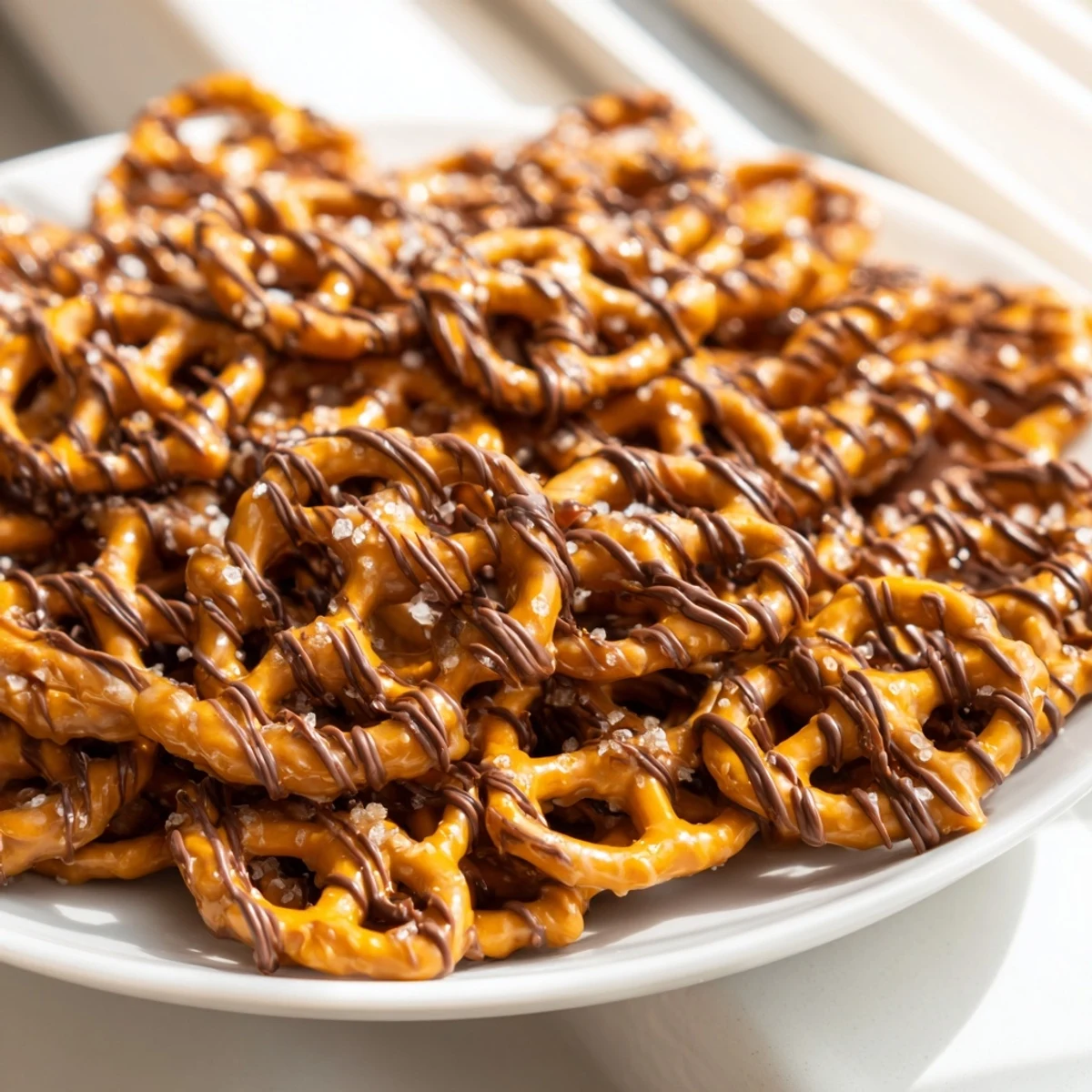 Golden butter toffee pretzels with chocolate drizzle on parchment paper for sweet snacking
