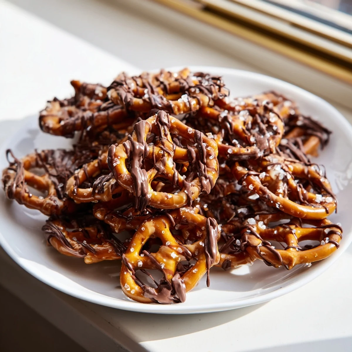 Crunchy butter toffee pretzels glistening with caramel coating and dark chocolate drizzle