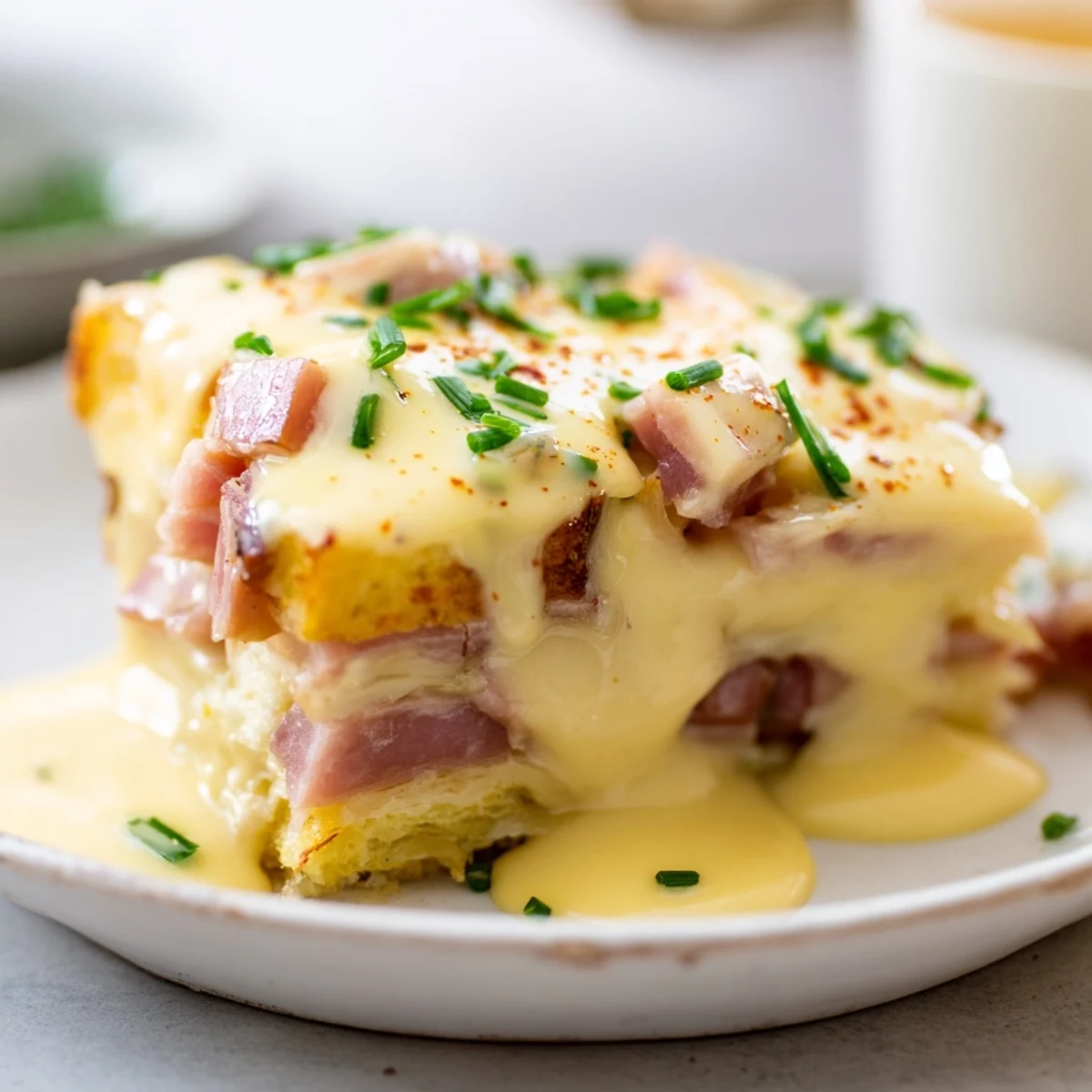 Golden Eggs Benedict casserole drizzled with creamy hollandaise and fresh chives on a rustic plate