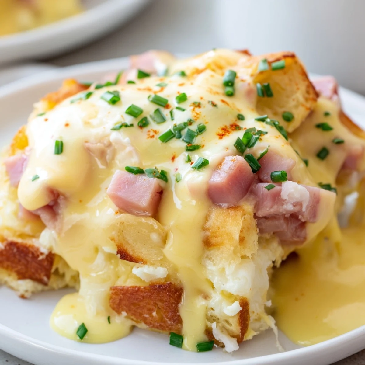 Warm Eggs Benedict casserole sliced into squares showing layers of Canadian bacon and fluffy egg