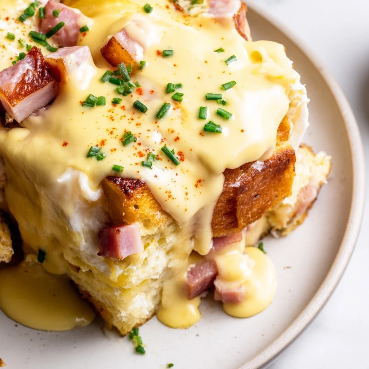 Creamy hollandaise cascading over a baked Eggs Benedict casserole garnished with paprika and chives