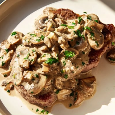 Tender beef steaks in a glossy brandy-infused mushroom cream sauce, creating a classic steakhouse main dish ready for dinner.  