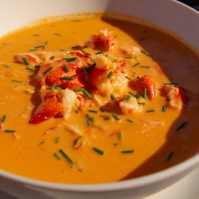 Creamy lobster bisque served in a rustic white bowl, steam rising from the velvety orange-red soup, topped with finely chopped chives.