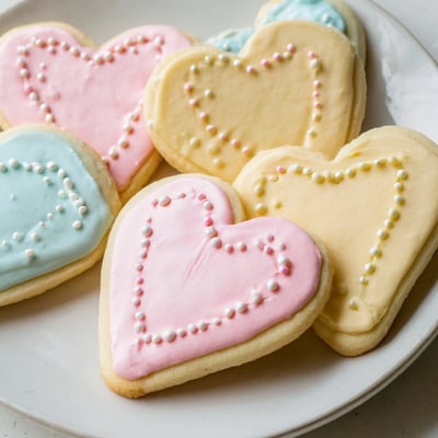 A close-up of Heart Shaped Sugar Cookies with Royal Icing being piped with intricate white patterns onto a cooling rack.