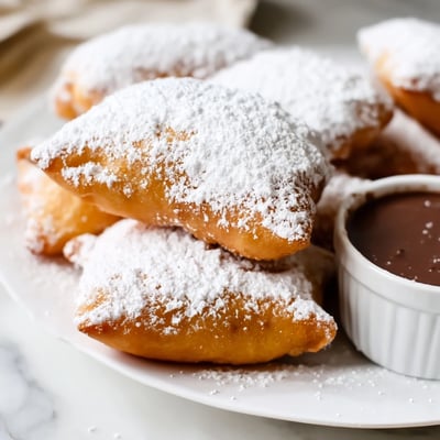 Warm Mardi Gras beignets on a plate, ready to be dipped into rich, silky chocolate sauce.