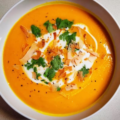 A creamy carrot and ginger soup with coconut milk served hot, steaming gently in a rustic ceramic mug.  