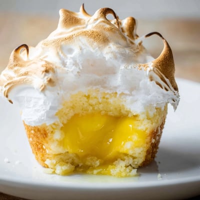 A close-up of Lemon Meringue Cupcakes shows piped meringue peaks gently browned, with lemon zest sprinkled on top.