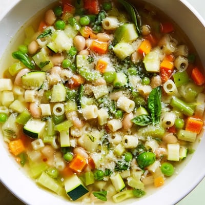 Spring Vegetable Minestrone Soup simmering with tender green beans, peas, and pasta in a rich broth.  