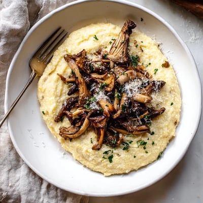 Velvety polenta with savory roasted mushrooms and fresh thyme, served warm in a ceramic dish for a cozy, gluten-free dinner.  