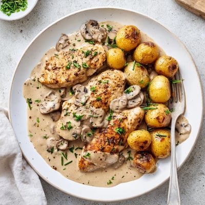 Tender seared chicken breasts smothered in a rich, velvety mushroom sauce with roasted potatoes