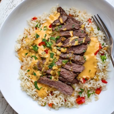Savory steak queso rice topped with tender sliced beef and fresh cilantro