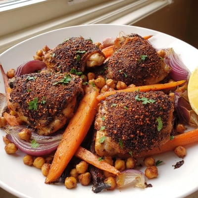 Juicy sumac chicken served over tender roasted carrots and crispy chickpeas