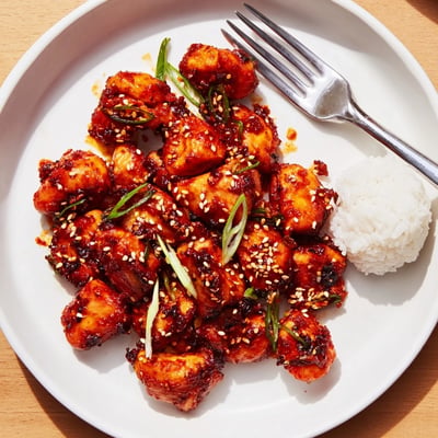 Crispy gochujang chicken thighs scattered with sesame seeds and sliced spring onions